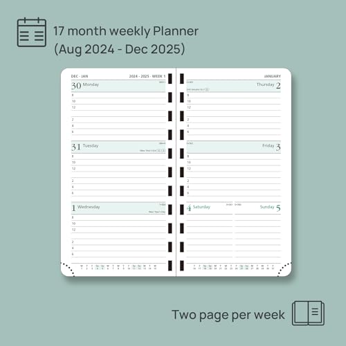 POPRUN Pocket Planner 2024-2025 (3.5'' x 6.5'') 17 Months Academic Calendar (Aug.2024- Dec.2025),Spiral Bound Weekly Appointment Book with Leather Cover, Elastic Closure, Pen Holder - Black