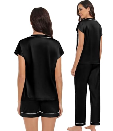 SWOMOG Womens 3 Piece Silk Pajamas Set Short Sleeve Loungewear with Long Pant Comfy Satin Holiday Lounge Sets Navy Blue