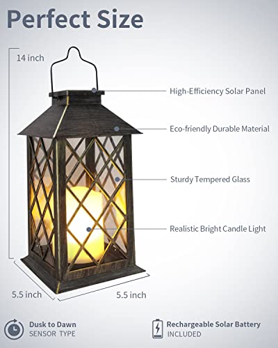 SHYMERY Solar Lantern,Outdoor Garden Hanging Lanterns,2 Pack 14 Inch Lasts 3X Longer 10 lumens Waterproof LED Flickering Flameless Candle Mission Lights for Table,Outdoor,Party Decorative