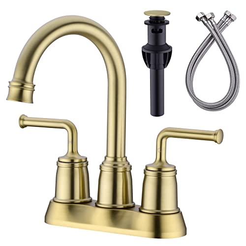 TRUSTMI Centerset Bathroom Faucet 4 Inch Vanity Sink Hot Cold Faucet with Overflow Drain and Waterlines, Brushed Gold