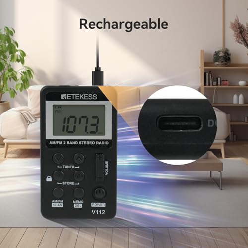 Retekess V112 AM FM Pocket Radio, Digital Radio with Earphone, Rechargeable Battery Radio with LCD Display for Walking, Jogging, Training(Black)
