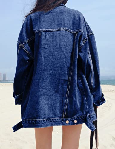 Gozoloma Women's Casual Loose Oversized Denim Jacket Button Up Long-Sleeved Jean Jacket Coat (0011-DarkBlue-XS)