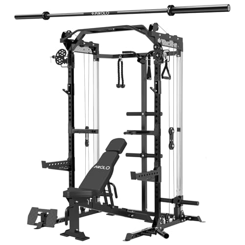 Mikolo Power Cage, 2000LB Power Rack with Independent Dual Pulley System, Multifunction Home Gym Workout Machine for Cable Crossover (Black Package)