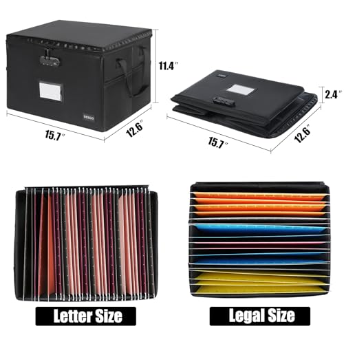DEEGO Fireproof Document Box, Water-Resistant File Organizer Box with Lock, Portable File Box with Handle Document Safe Collapsible File Cabinets for Home Office for Hanging Letter/Legal Folder, Black