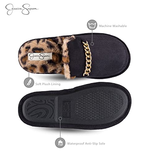 Jessica Simpson Women’s Plush Scuff Slipper House Shoe with Memory Foam and Anti-Skid Sole, Black Chain, Small