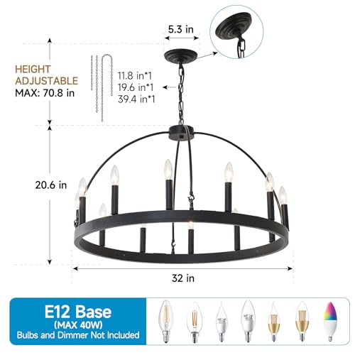 HHR Black and Gold Wagon Wheel Chandelier 12-Light 32 Inch, Extra Large Round Rustic Candle Pendant Light Fixture for High Ceilings, Dining Room Living Room Farmhouse Foyer Entryway