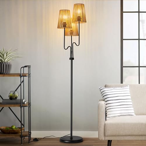 Rattan Floor Lamp, 68in. Boho Floor Lamps with Natural Shade, 3-Light Tree Lamp for Coastal, Beach or Bohemian Style Decor, E26 Socket, On/Off Footswitch Lamp for Living room, Bedroom (Bohemian-Black)