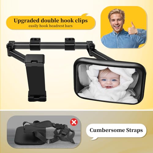 Qloztyse Baby Car Mirror for Baby Rear Facing - Infant Back Seat Mirrors With Holder and Hooks for Fixed Headrest Safety Large Wide Adjustable Auto Rearview, 2 In 1