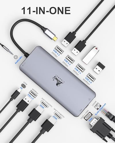 USB C Docking Station Dual Monitor, 11-in-1 USB-C Laptop Docking Station to Dual 4K HDMI,VGA,Gigabit Ethernet,3 * 10G USB 3.1,2*USB 2.0,87W PD,3.5mm Audio/Mic for Dell/Surface/HP/Lenovo Laptops