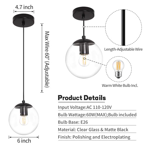 KoKo&Yukina 6-inch Mini Modern Globe Pendant Light Clear Glass with Black Finish Contemporary Mid Century Adjustable Hanging Light Fixture for Living Room Bedroom Kitchen
