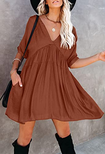 HUUSA Womens Summer Cute Babydoll Swing Flowy Tunic Dress 2023 V Neck Short Sleeve Casual Loose Solid Color Fashion Mini Shift Dresses XLarge Brown