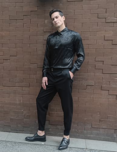 COOFANDY Mens Dress Shirt Casual Button Down Floral Rose Printed Prom Wedding Party, Black, Medium, Long Sleeve