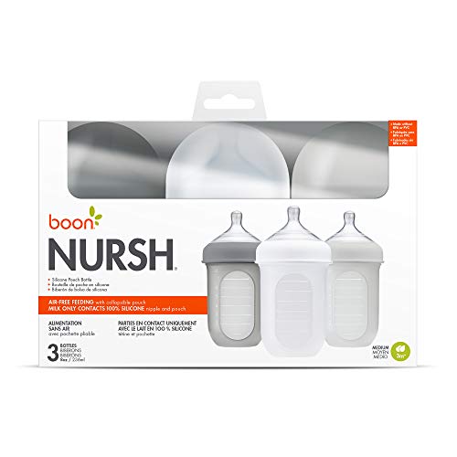 Boon Nursh Reusable Silicone Baby Bottles with Collapsible Silicone Pouch Design - Everyday Baby Essentials - Stage 2 Medium Flow Baby Bottles - Gray - 8 Oz - 3 Count