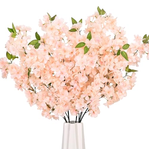 Sunm Boutique White Cherry Blossom Flowers, Artificial Cherry Blossom Decor Faux Cherry Blossom Branches Vase Arrangements for Wedding Home Party Kitchen Decor, Set of 3