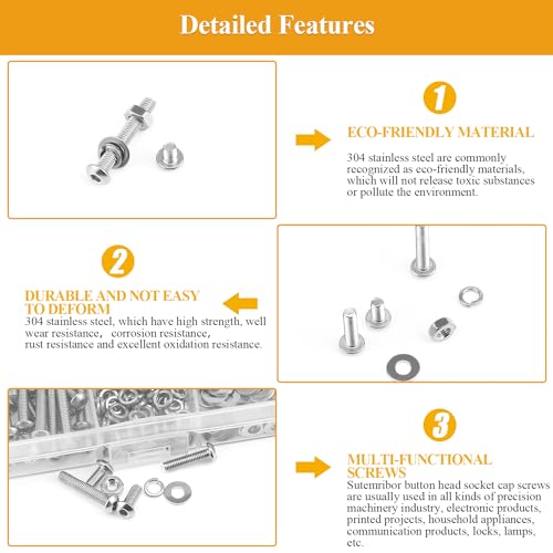 546 Pieces M3 Screws Nuts Washers Set, Sutemribor M3 x 6/8/12/16/20/25/30mm Button Head Socket Cap Screws Nuts Washers Assortment Kit, 304 Stainless Steel, Fully Threaded