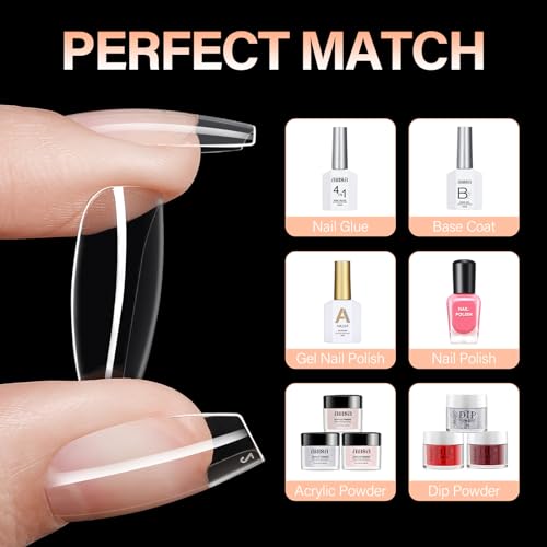 AILLSA Short Coffin Nails Clear Full Cover Nail Tips Medium Soft Gel Fake Nail Tips for DIY Press on Nail Extension, 216PCS 12 Sizes False Acrylic Preshaped Gelly Nail Tips for Women