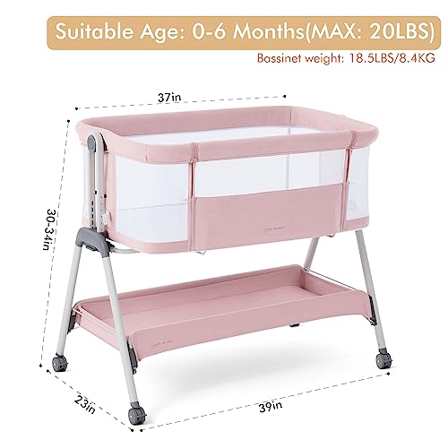 ANGELBLISS Baby Bassinet Bedside Sleeper, Easy Folding Portable Bassinet for Baby with Wheels, Adjustable Height, Included Mattress (Beige)