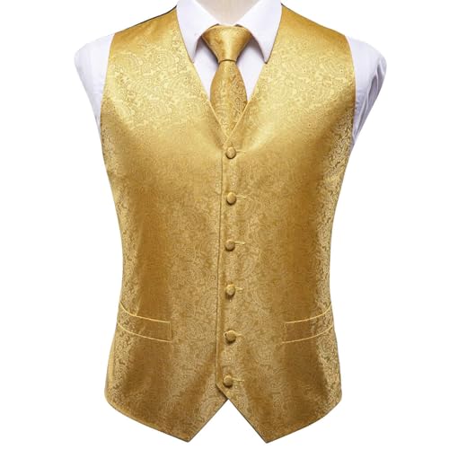 Hi-Tie Silk Paisley Orange Suit Vest and Tie Set for Mens Jacquard Formal Dress Waistcoat for Tuxedo Wedding Party Business
