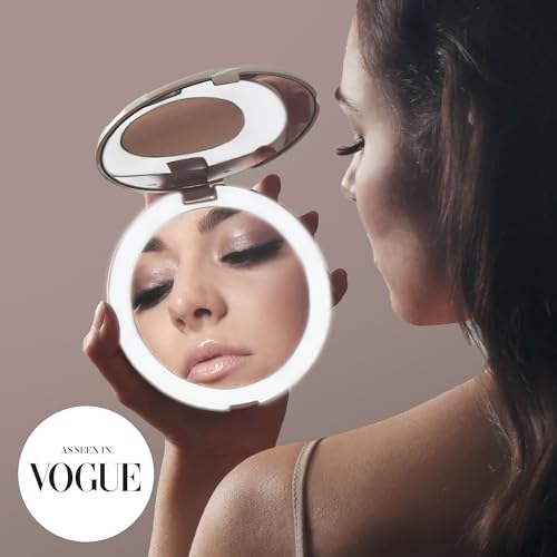 Fancii LED Lighted Travel Makeup Mirror, 1x/10x Magnification - Daylight LED, Compact, Portable, Large 5" Wide Illuminated Folding Mirror (Lumi) Silk White