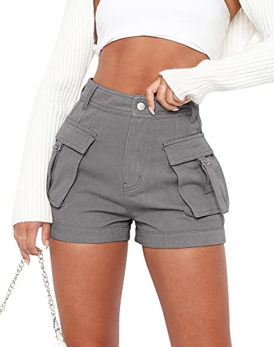 Minthunter Womens Casual High Waist Cargo Shorts with Pockets Summer Short Hot Pants (Grey,Medium,Female,Adult,Regular,Regular,Medium,US,Alpha)