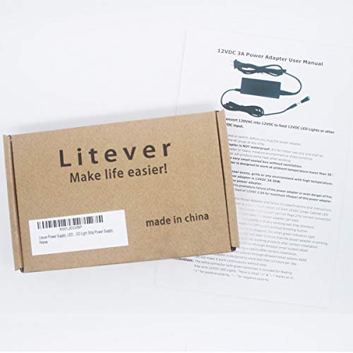 Litever Power Supply, LED Transformer, 12VDC 3 Amps,110VAC to 12V DC, Max Output 3A, 36W. Standard 110VAC US Input Plug, 5.5mm x2.1mm Output Connector, for LED Light Strip and More