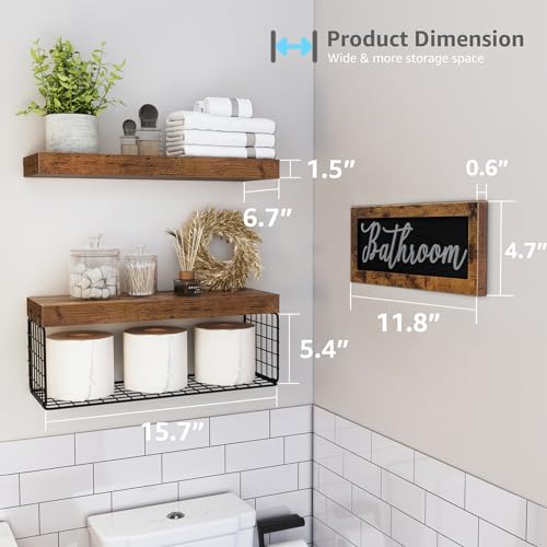 QEEIG Bathroom Shelves Over Toilet Paper Storage - Farmhouse Decor Decorations Aesthetic Décor Sign Small Floating Wall Shelf 2+1 Set 16 inch, Rustic Brown (020BN)