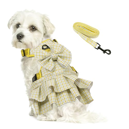 ASENKU Plaid Dog Dress Harness Leash Set, Bow Tie Dress Harness Leash Set for Small Medium Dog Cats Girl Chihuahua Yorkies Pet Outfits