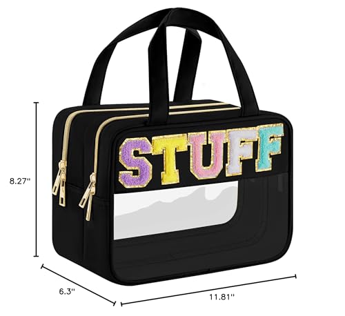 SIMBOOM Chenille Letter Clear Makeup Bag, Preppy Cosmetic Bag Clear Snack Bags with Zipper, Stuff Bag Waterproof Sunscreen Bag Travel Toiletry Bag Cosmetic Pouch for Women and Girls (Plus Size, Black)