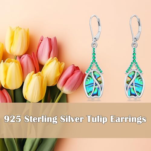 KNTTZZI Tulip Dangle Earrings 925 Sterling Silver Tulip Drop Earrings Hypoallergenic Abalone Shell Tulip Earring Jewelry Valentine's Day Birthday Gifts for Women