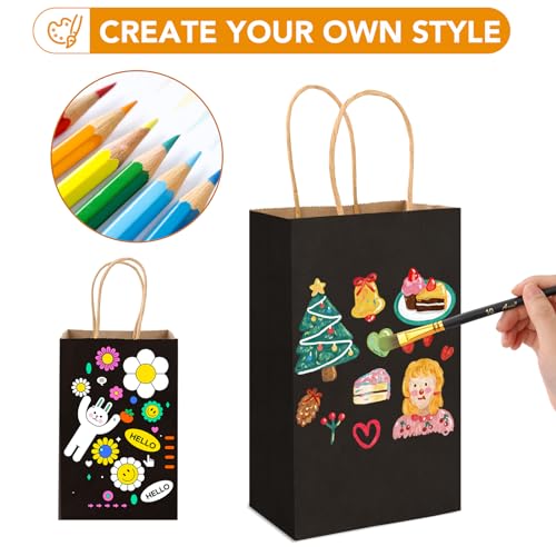 XPCARE 100Pcs Paper Gift Bags 5.25x3.25x8.25'', Small Paper Bags with Handles Bulk, Kraft Paper Bags for Birthday Party Favors, Shopping, Retail(Black)