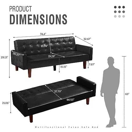 IULULU Futon Sofa Bed, Modern Convertible Faux Leather Sleeper Couch with Armrests for Studio, Office, Apartment, Compact Living, Game Room, Overnight Guests, Brown