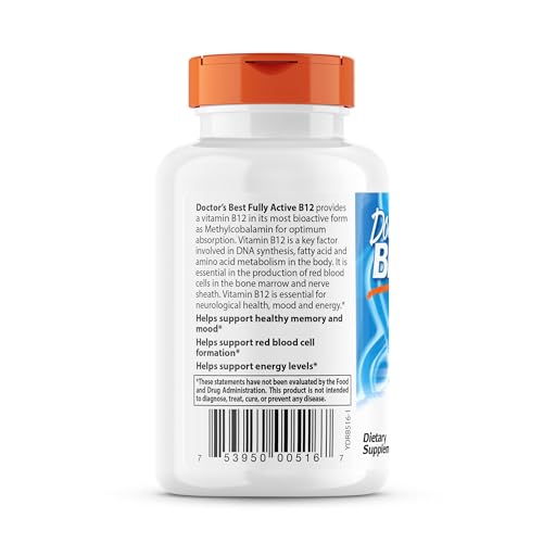 Doctor's Best Fully Active B12 1500 Mcg, Supports Energy, Mood, Circulation, Non-GMO, Vegan, Gluten Free, 180 Count