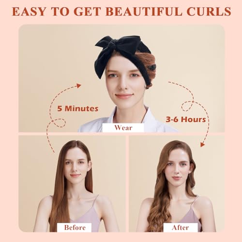weiwei Heatless Overnight Curling Headband, 70" Non-Heat Hair Wave Wrap with 9 Soft Rollers for Long Hair (Black)