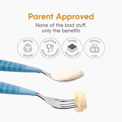 NumNum Toddler Utensils, Pre-Spoon, Fork & Spoon GOOtensils - 4th Stage Silverware Feeding Kids Aged 2+ Years w/Stainless Steel Heads - Silicone Food Feeding Supplies - Set of 2, Pacific Blue
