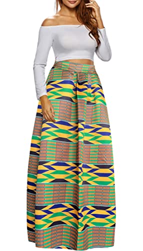Afibi Women African Printed Casual Maxi Skirt Flared Skirt A Line Long Skirts with Pockets (Medium, Pattern 12)