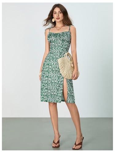 WDIRARA Women's Floral Print Tie Shoulder Split Thigh Sleeveless Boho Cami Dress Blue XL