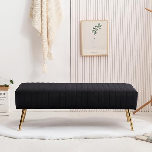 Furnimart 44 Inch Bedroom Ottoman Bench, Black Upholstered End of Bed Bench with Gold Legs for Living Room Bedroom Dinning Room Entryway, Black