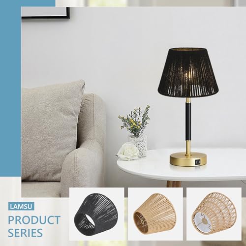 LAMSU Black Rattan Lamp Shade Small, Boho Barrel Lamp Shades for Table Lamps, Handwoven Wicker Lampshade Replacement for Floor Lamp, Wall Sconces Light Cover, Spider Fitter, 5.5x10x7