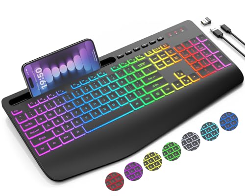 SABLUTE Wireless Keyboard with 9 Backlit Effects, Wrist Rest, Phone Holder, 2.4G Lag-Free Ergonomic Keyboards, Rechargeable Silent Cordless, for Computer, Laptop, Windows, Work, School (Keyboard Only)