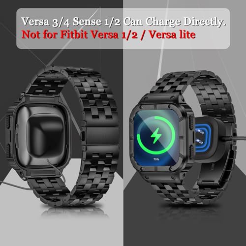 SUPLINK Stainless Steel Case & Band Compatible with Fitbit Versa 4 Bands/Versa 3/Versa/Versa 2 Watch bands Men,Protector Cover Strap for Fitbit Sense/Versa Lite/Fitbit Sense 2 Bands,Black
