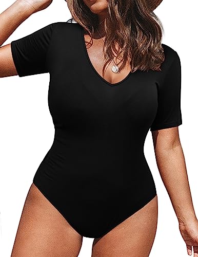 IN'VOLAND Women's Bodysuit Plus Size Sexy V Neck Bodysuits Leotards Solid Basic Top T Shirt Jumpsuits
