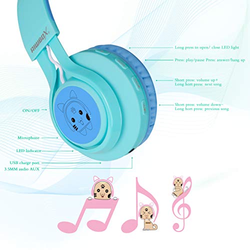 Riwbox Kids Headphones, CT-7S Cat Ear Bluetooth Headphones 85dB Volume Limiting,LED Light Up Kids Wireless Headphones Over Ear with Microphone for Laptop/PC/TV(Blue&Green)