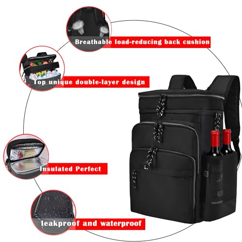 GiMiUiTo Double Deck Cooler Backpack Leak-Proof Large Cooler Backpack,Backpack Cooler Insulated Perfect Soft Cooler Bag for Tactical, Camping, Picnic, Beach, Hiking,Black