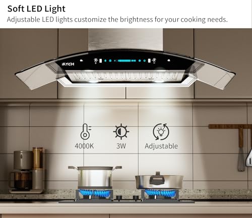 IKTCH Upgrated 30"Island Mount Range Hood,900 CFM Ducted Range Hood with 4 Speed Fan,Stainless Steel& Tempered Glass Range Hood 30 inch with Gesture Sensing&Touch Control Making life Smarter IKIS01-30