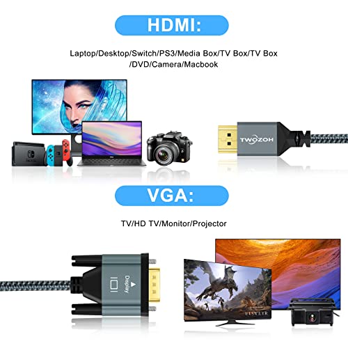 Twozoh HDMI to VGA Cable 3.3FT. Aluminum Alloy Shell Nylon Braided & Gold-Plated Support 1080P/60HZ