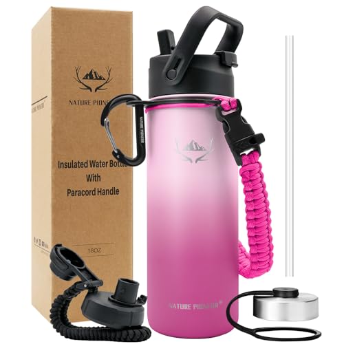 NATURE PIONEOR Insulated Water Bottles with Paracord Handle - 24 oz Vacuum Sports Wide Mouth Water Bottle with 3 Lids, Leak Proof Stainless Steel Keeps Hot and Cold…