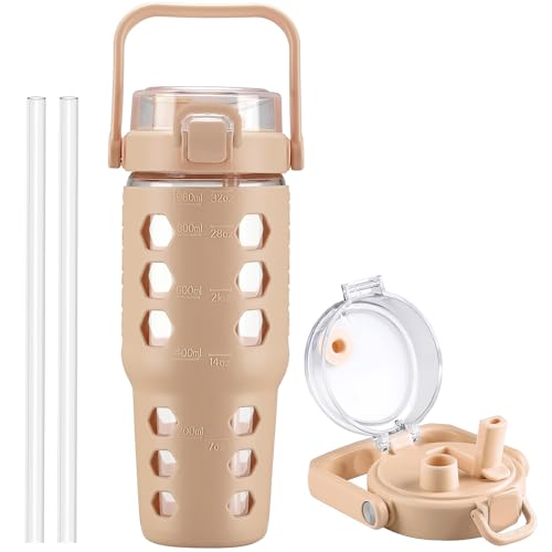 MUKOKO Half Gallon/64 oz Glass Water Bottles with Straw and Lid,Motivational Water Jug with Time Marker Reminder and Silicone Sleeve,100% Leakproof BPA Free Fitness Sports Large Bottle-Purple