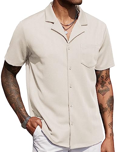 COOFANDY Men's Short Sleeve Button Down Shirt Wrinkle Free Untucked Dress Shirts Summer Beach Fitted Cuban Shirt Green