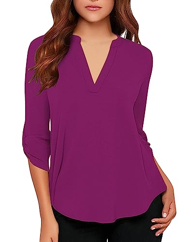 roswear Women's Chiffon V-Neck Business Casual Blouse Work Tops with Cuffed Sleeves Baby Blue Large