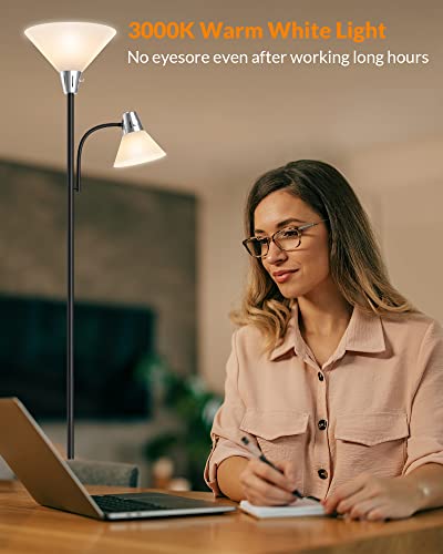 LEPOWER Floor Lamp, Standing Lamp with Replaceable 3000K Energy-Saving LED Bulbs,9W Lamp for Living Room with 5W Adjustable Reading Light, Modern Bright Floor Lamp for Bedroom, Living Room, Office